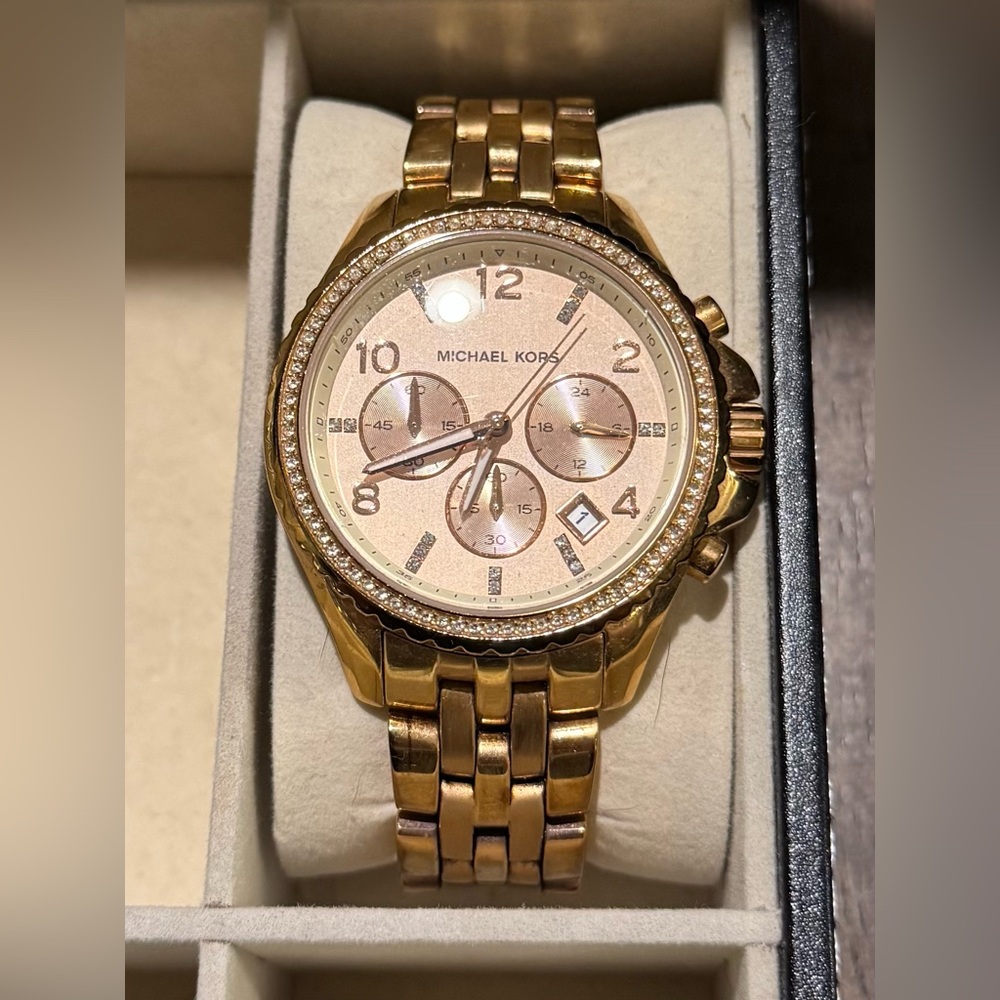 Michael Kors Rose Gold Chronograph Watch with Crystal Bezel